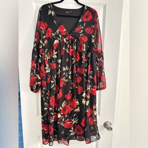 Boohoo Black and Red Floral Long Sleeve Dress